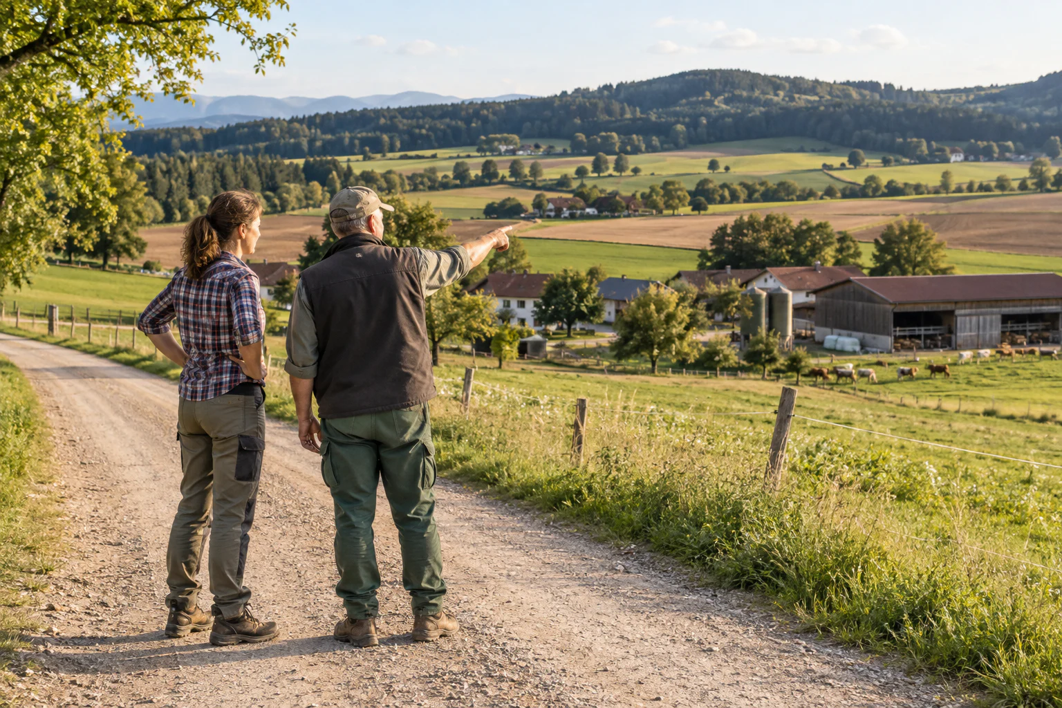 Zwei Landwirte betrachten von einem Feldweg aus Höfe und Flächen einer Region