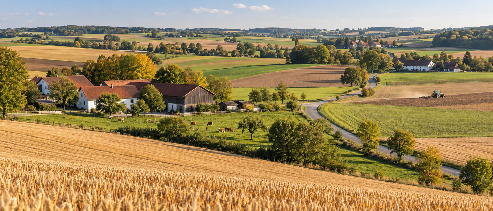Weite mitteleuropäische Agrarlandschaft mit Höfen, Feldern und landwirtschaftlichen Wegen